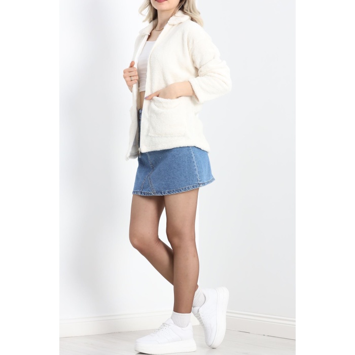 Fermuarlı Peluş Ceket Ekru