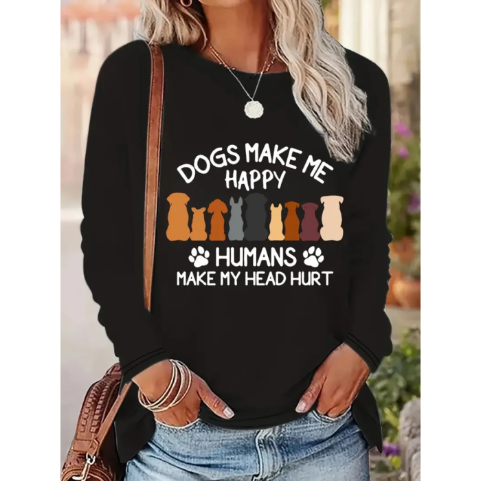 Kadın Uzun Kollu Bisiklet Yaka Köpek Resimli Viskon Bluz