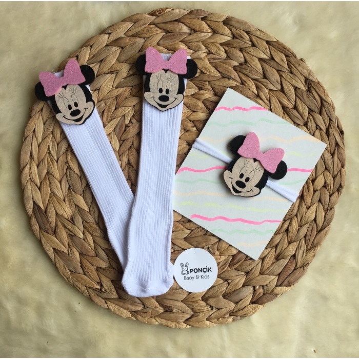 Minnie Mouse Pembe Figürlü Çorap ve Bant Takım