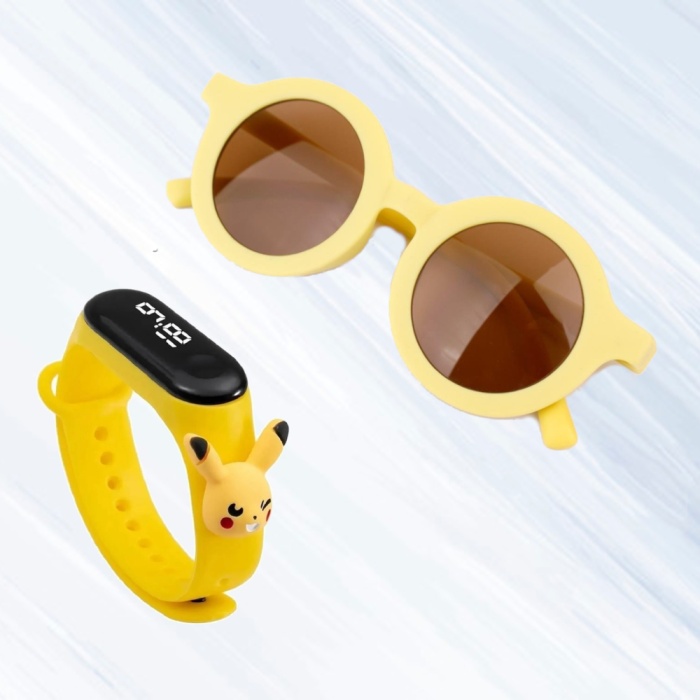 Sarı İskandinav Gözlük ve Sarı Pikachu Figürlü Saat Kombin