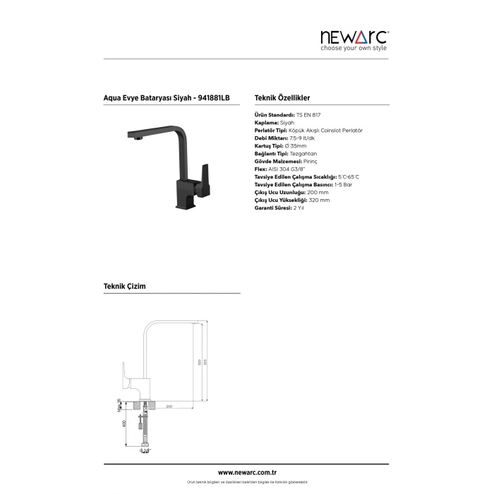 NEWARC AQUA EVİYE BATARYASI L BORULU SİYAH 941881LB