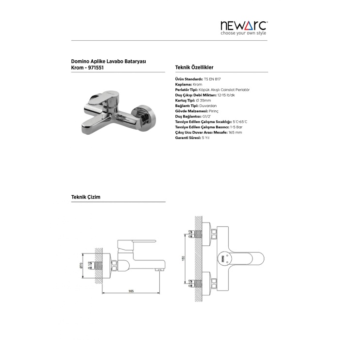 NEWARC DOMINO APLİKE LAVABO BATARYASI 971551