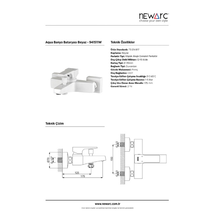 NEWARC AQUA BANYO BATARYASI BEYAZ (WHITE) 941511W