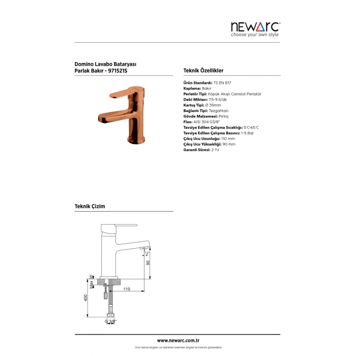 NEWARC DOMINO LAVABO BATARYASI PARLAK BAKIR 971521S