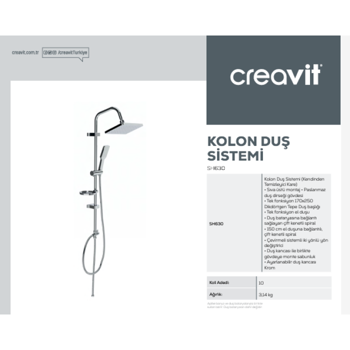 CREAVIT KOLON DUŞ SİSTEMİ KENDİNDEN TEMİZLEYİCİ KARE SH630