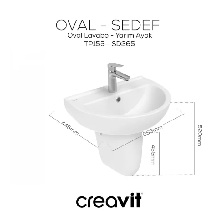 CREAVIT DUVARA DAYALI LAVABO OVAL BEYAZ 40*50CM TP155