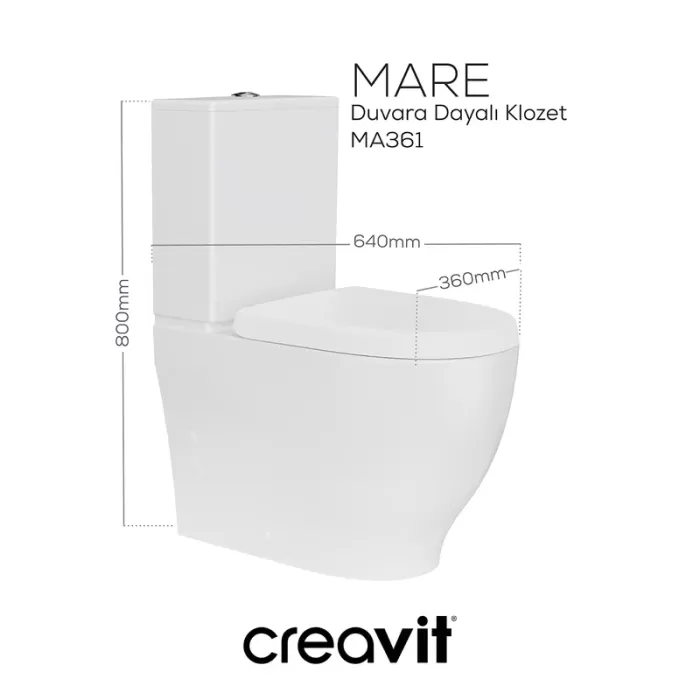 CREAVIT MARE RIM OFF ( KANALSIZ ) DUVARA DAYALI KLOZET BEYAZ MA361  ( REZERVUAR VE KAPAK DAHİL DEĞİLDİR! )