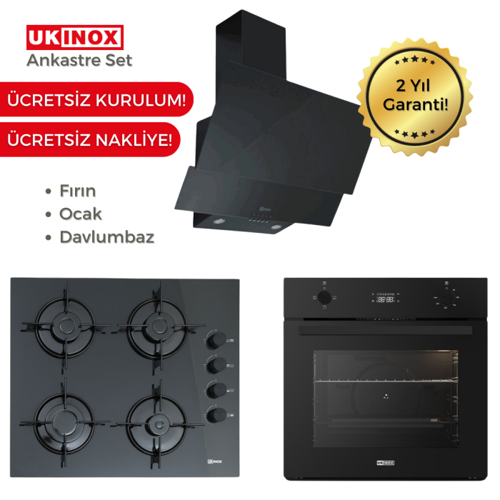 UKINOX SİYAH ANKASTRE SET SİYAH CAM DAVLUMBAZ DOLCE 60 + SİYAH CAM OCAK CARLO 60 + SİYAH CAM ANKASTRE FIRIN SMART 3000