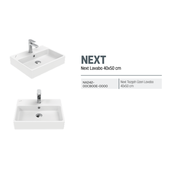 CREAVIT NEXT TEZGAH ÜZERİ KARE LAVABO BEYAZ 40X50 CM NX242