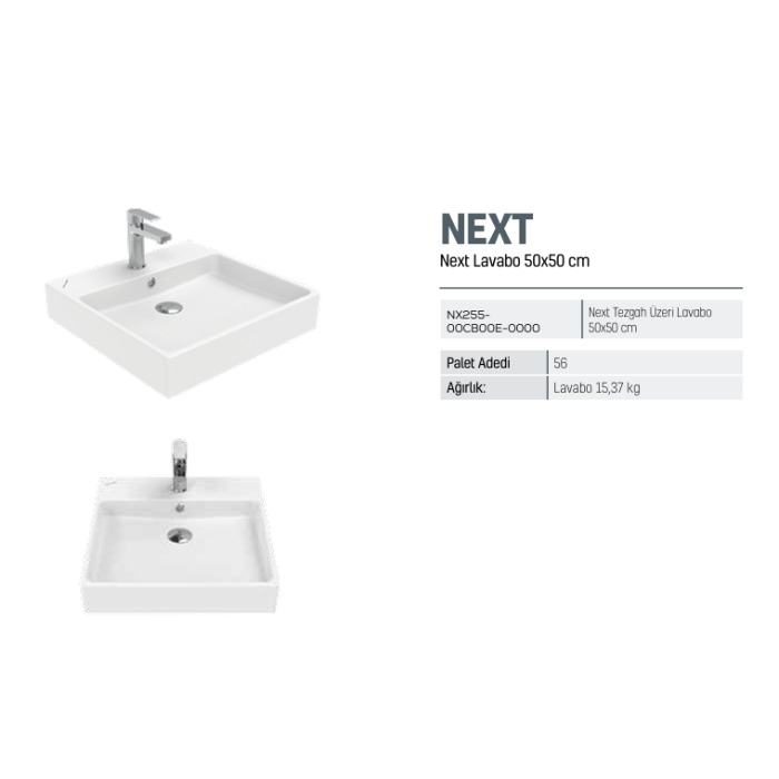 CREAVIT NEXT 50x50 TEZGAH ÜSTÜ KARE LAVABO BEYAZ NX255