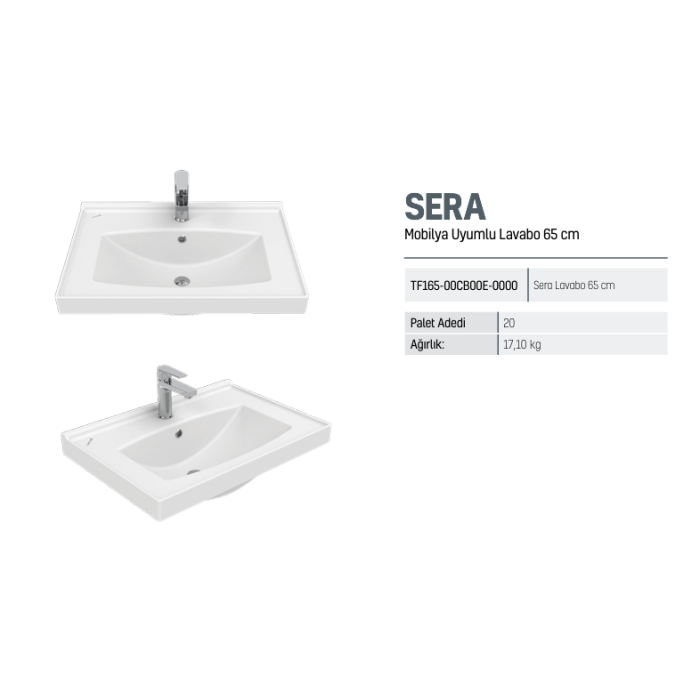 CREAVIT SERA 65 CM DOLAP UYUMLU LAVABO BEYAZ DÜZ TF165