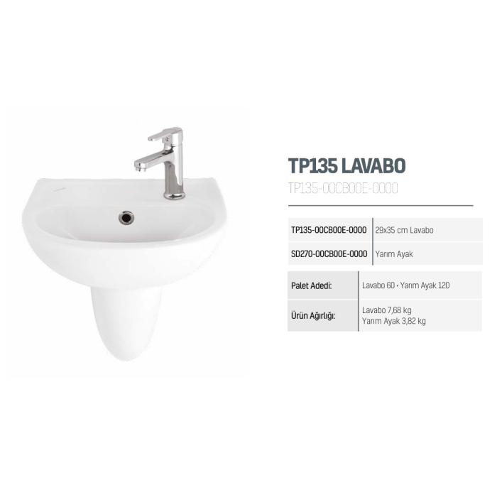 CREAVIT OVAL LAVABO DELİKLİ BEYAZ 29X35CM TP135