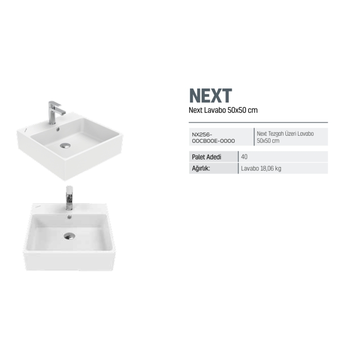 CREAVIT NEXT TEZGAH ÜZERİ KARE 50 CM BEYAZ LAVABO NX256