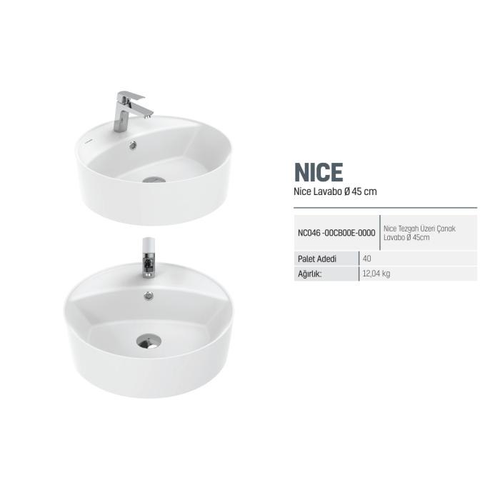 CREAVIT NICE TEZGAH ÜZERİ DELİKLİ LAVABO 45 CM BEYAZ NC046