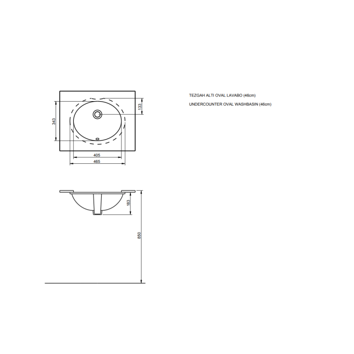 SERAMİKSAN TEK PARÇA TEZGAH ALTI LAVABO 46 CM BEYAZ A002001H