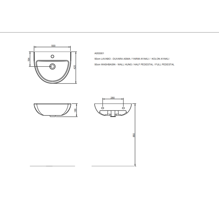 SERAMİKSAN NATURA LAVABO 50 CM BEYAZ A053001