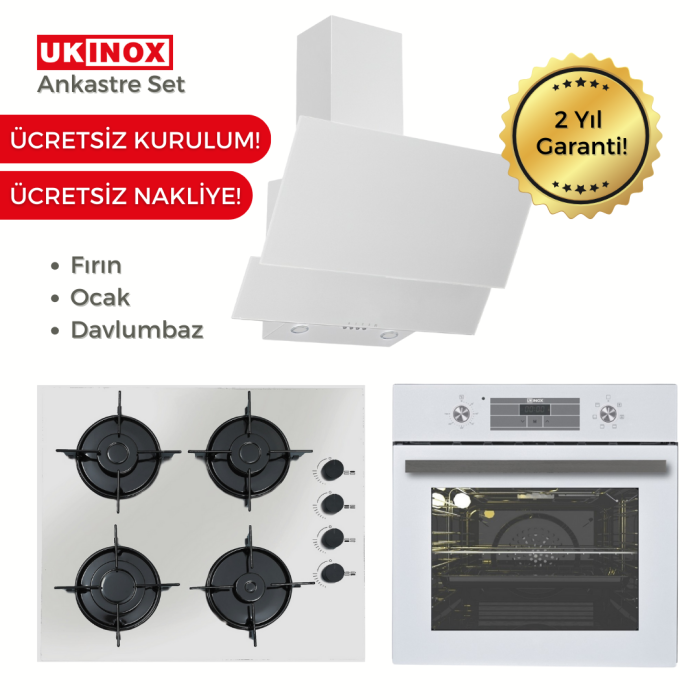 UKINOX BEYAZ ANKASTRE SET BEYAZ CAM DAVLUMBAZ DOLCE MX 60 + BEYAZ CAM OCAK CARLO 60 + BEYAZ CAM ANKASTRE FIRIN MATTEO TMX