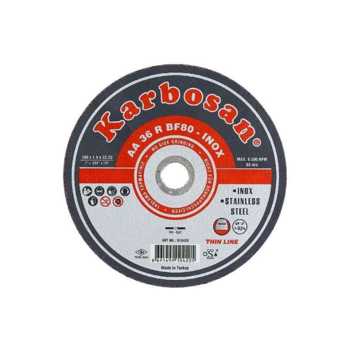 KARBOSAN PASLANMAZ ÇELİK ( INOX ) KESİCİ TAŞ DİSK T41 DÜZ 180 X 1.9 X 22 . 23 MM AA 54 R BF80