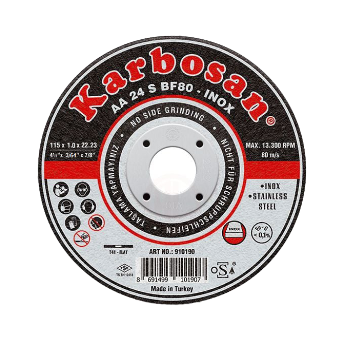 KARBOSAN PASLANMAZ ÇELİK ( INOX ) KESİCİ TAŞ DİSK T41 DÜZ 115 X 1.0 X 22 . 23 MM AA 54 R BF80