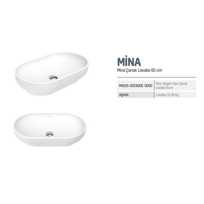 CREAVIT MINA TEZGAH ÜSTÜ ÇANAK LAVABO 65 CM BEYAZ MN165