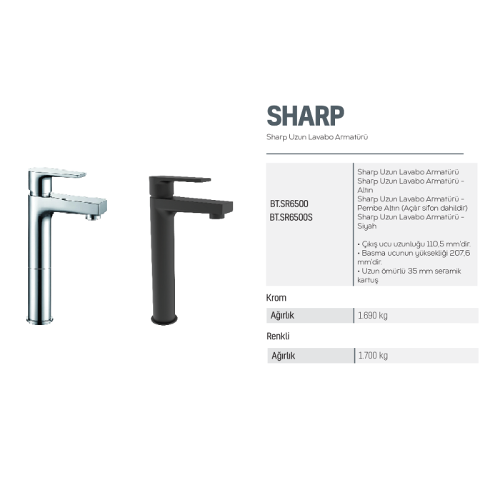 CREAVIT SHARP LAVABO ARMATÜRÜ UZUN KROM SR6500