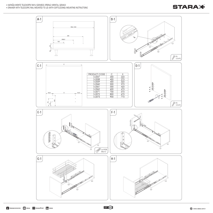 STARAX TELESKOPİK RAYLI FRENLİ BAĞIMSIZ ÇEKMECE KROM SEPET BEYAZ AHŞAP TABANLI 50 CM – 2310