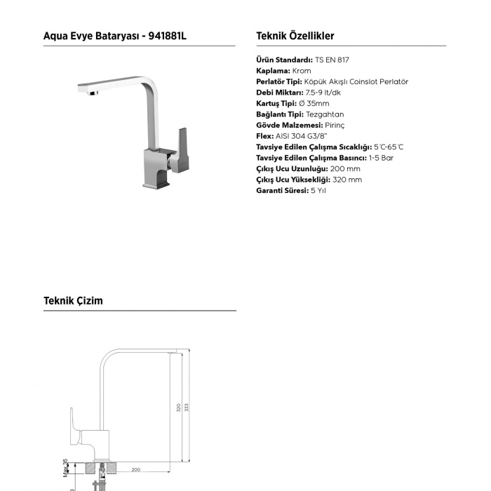 NEWARC AQUA EVİYE BATARYASI L BORULU 941881L