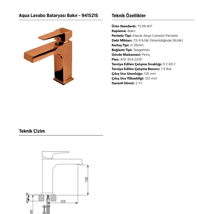 NEWARC AQUA LAVABO BATARYASI PARLAK BAKIR 941521S