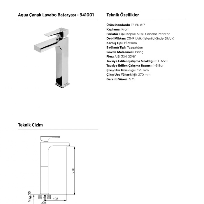 NEWARC AQUA ÇANAK TİPİ LAVABO BATARYASI 941001