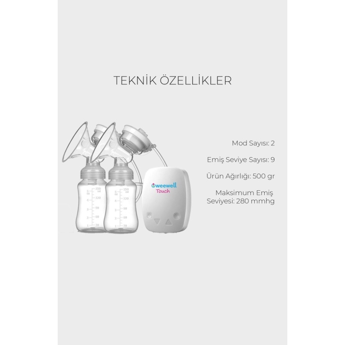 WPT250 Elektrikli Çiftli Göğüs Pompası - 9 Farklı Sağım Gücü - Masaj Modu - Dokunmatik