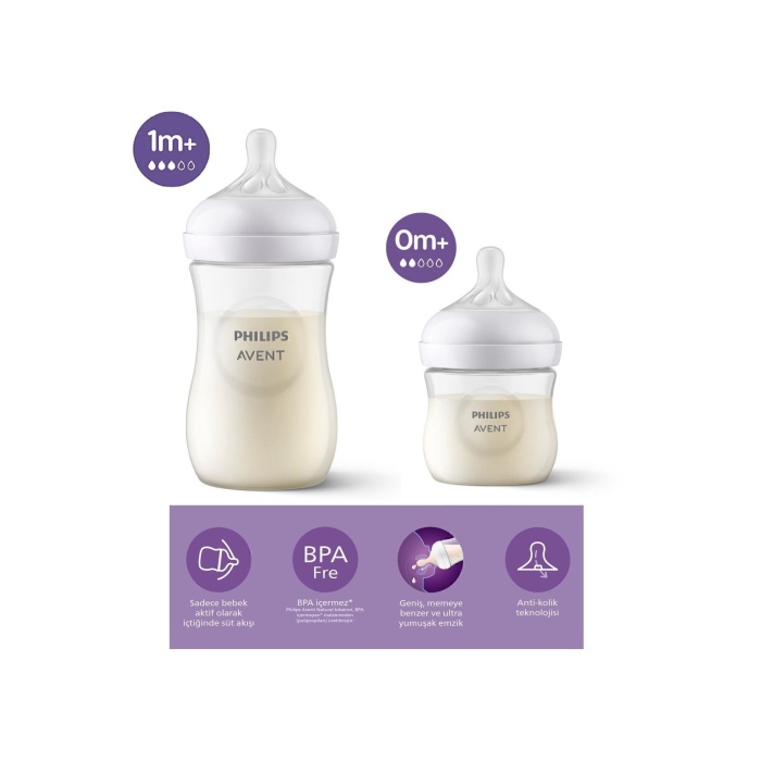 Natural Response Doğal Tepkili Pp 2li Biberon Seti, 125ml, 0 Ay & 260ml, 1 Ay - Cam Değildir.