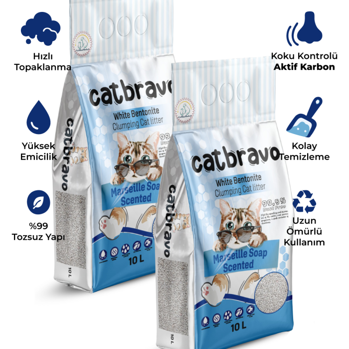 CATBRAVO Aktif Topaklanan Marsilya Sabunuı Kokulu Kedi Kumu 10 Lt X 2 Adet