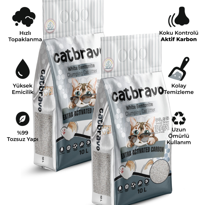 CATBRAVO Aktif Karbonlu Topaklanan Kedi Kumu 10 Lt X 2 Adet