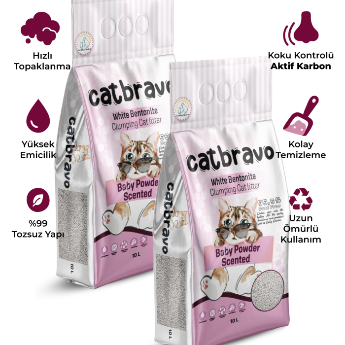 CATBRAVO Aktif Topaklanan Bebek Pudrası Kokulu Kedi Kumu 10 Lt X 2 Adet