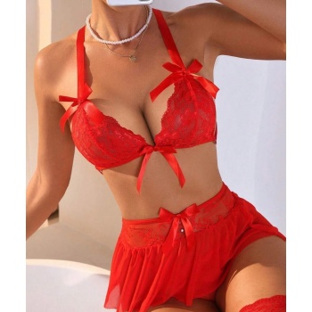 Fantazi Kırmızı Dantelli Fiyonklu Seksi Babydol  BC9240