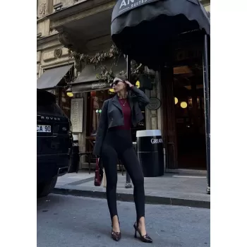 Toparlayıcı füzo tayt Likralı Ayak Detaylı - Siyah