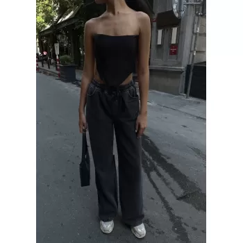 Kadın  Arkadan Yırtmaçlı Jeans Kot Palazzo Pantolon - Siyah