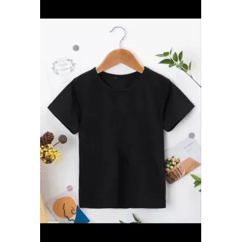 Çocuk Unisex Kapüşonlu Özel Tasarım Basic Tshirt - Siyah