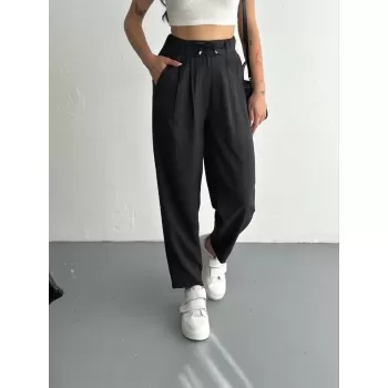 Kadın Yüksel Bel Rahat Paça Pantalon - Siyah