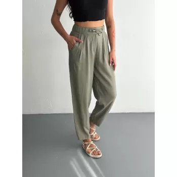 Kadın Yüksel Bel Rahat Paça Pantalon - Su Yeşili