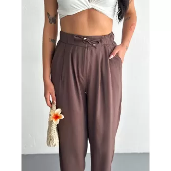 Kadın Yüksel Bel Rahat Paça Pantalon - Kahverengi