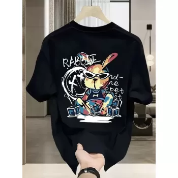 Güneş Gözlüğü Grafikli Karikatür Tavşan Oversize Kısa Kollu Tişört Çift Tişört, İlkbahar Ve Yaz- Siyah