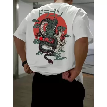 Ön Arka Ejder Baskılı Oversize Bisiklet Yaka T-shirt - Beyaz