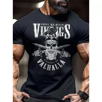 Vikings Valhalla Baskılı Oversize Bisiklet Yaka T-shirt - Siyah