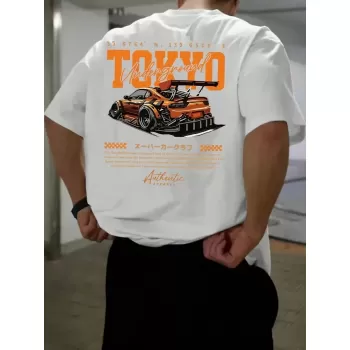 Erkek Turuncu Spor Araba Grafik Tişört - TOKYO Baskılı Günlük Oversize Kısa Kollu Tişört, Yetişkinler için Yazlık Giyim, Turuncu Araba Tasarımı - Beyaz