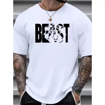Eşsiz Baskı Tasarımlı Şık Büyük Beden Erkek Tişörtü - Rahat Polyester, Makinede Yıkanabilir, Yuvarlak Yaka - Her Mevsim İçin Mükemmel - Beyaz