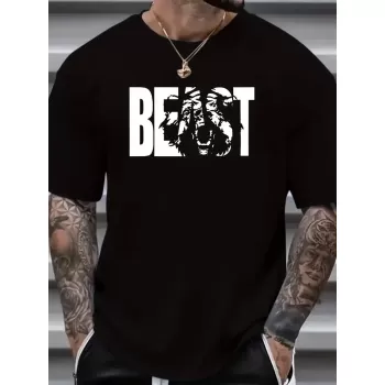 Eşsiz Baskı Tasarımlı Şık Büyük Beden Erkek Tişörtü - Rahat Polyester, Makinede Yıkanabilir, Yuvarlak Yaka - Her Mevsim İçin Mükemmel - Siyah