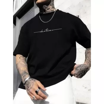 Büyük Beden Erkek Whatever Baskılı Tişört, Oversize Erkekler İçin Yaz Modası Kısa Kollu Tişörtler - Siyah