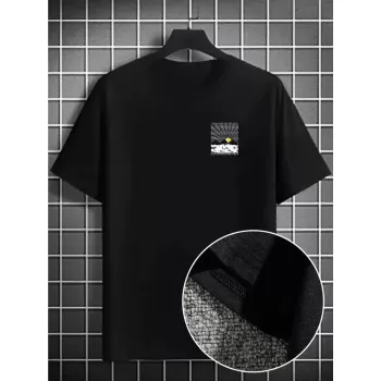Erkek Dağ Grafikli Tişört, Yaz için Büyük Beden Rahat T-shirt - Siyah