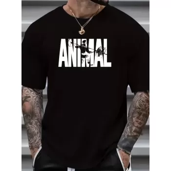 ANIMAL Desen Baskı Erkek Oversive Tişört, Grafik Tişört Erkek Yazlık Outdoor Kıyafetleri, Sporda ve Günlük Giyime Uygun  - Siyah